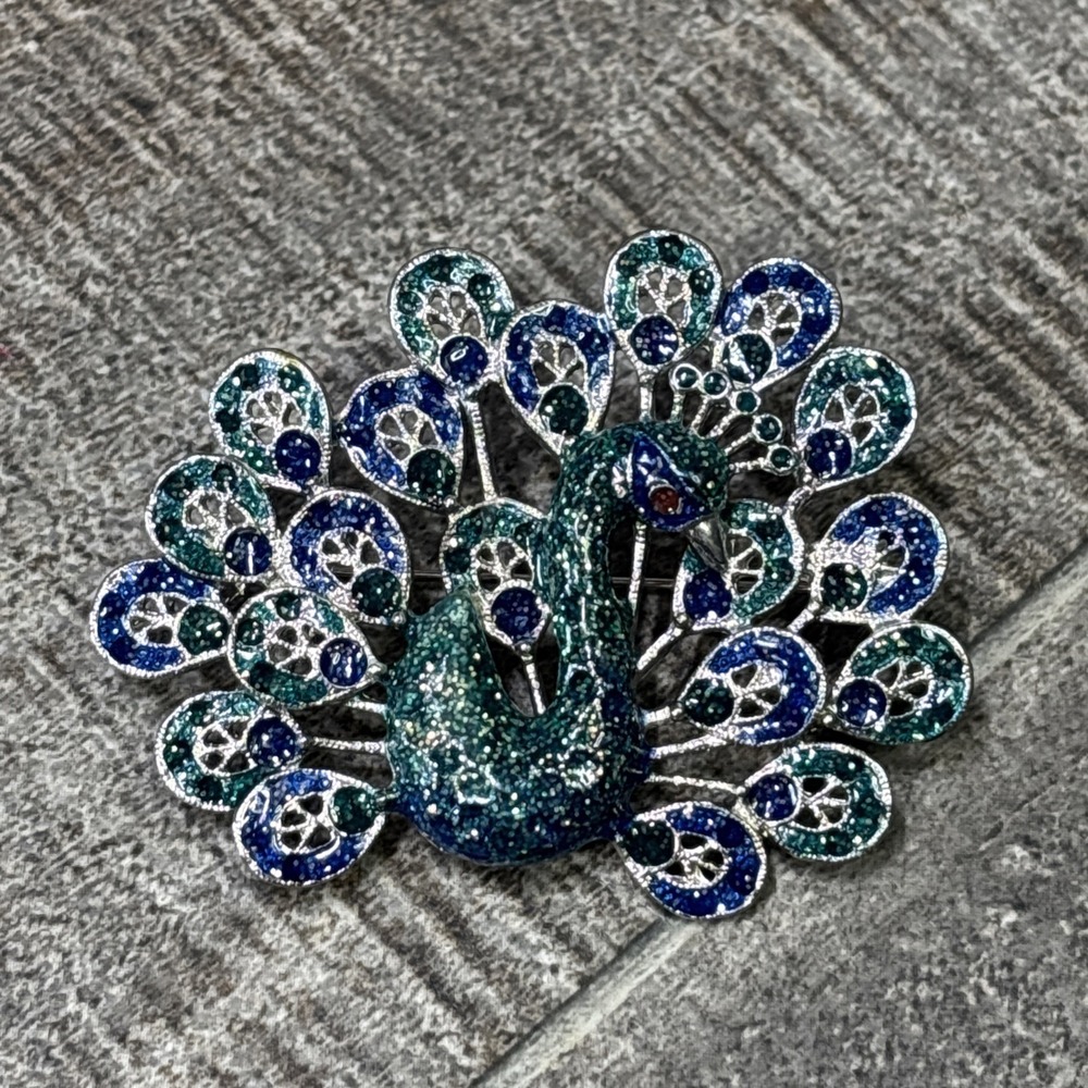 Vintage Peacock Enamel Rhinestone Brooch Pin Silver Tone Blue Green